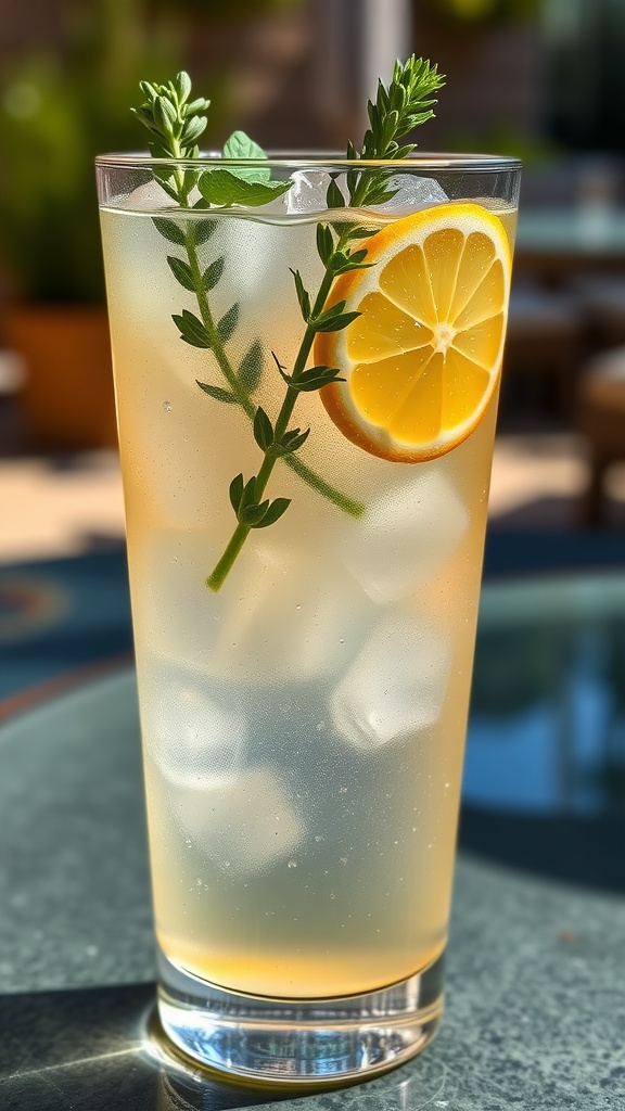 Herbal Oregano Gin Cocktail in a highball glass, garnished with lemon and oregano.